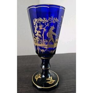 Cobalt Blue Glass Goblet - Etched Gold Painting - Man & 2 Dogs 8" Tall